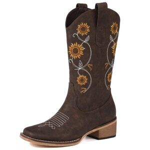 Women's Mid Calf Cowboy Boots Square Toe Floral Embroidery Western